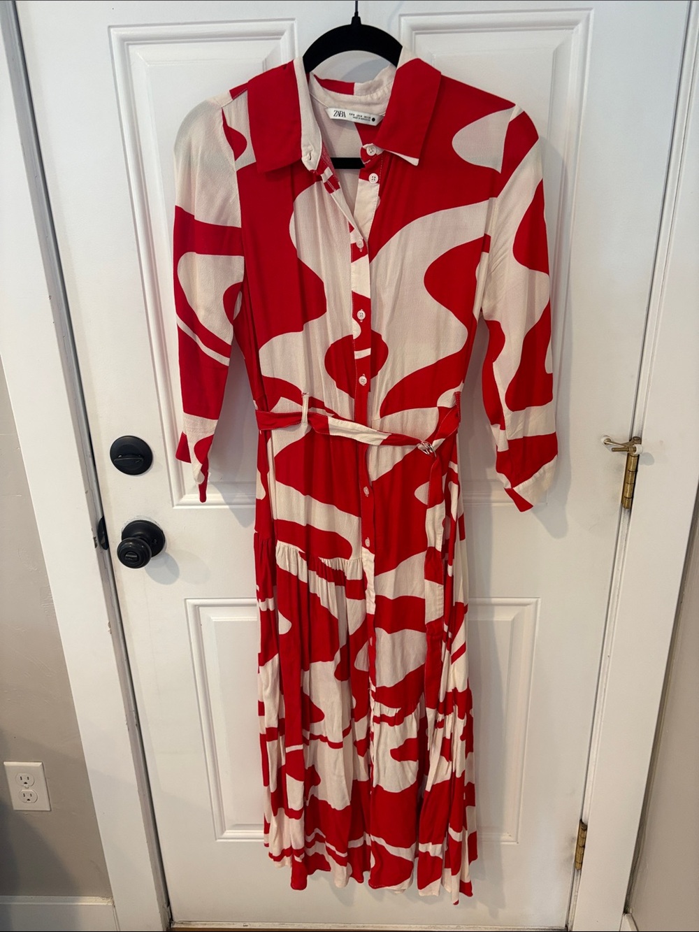 Zara Red & Cream Abstract Midi Shirt Dress